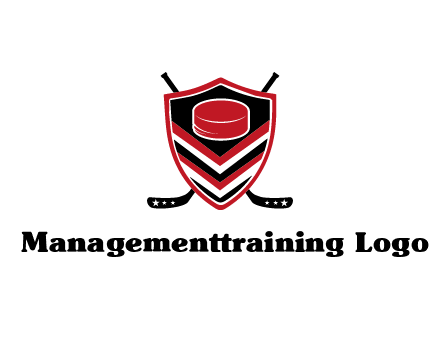 hockey sticks behind shield with hockey puck