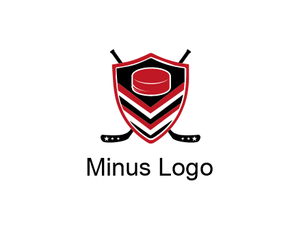hockey sticks behind shield with hockey puck