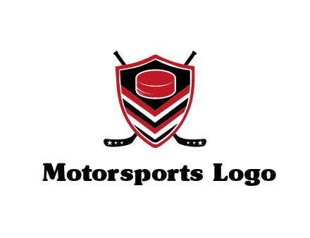 hockey sticks behind shield with hockey puck