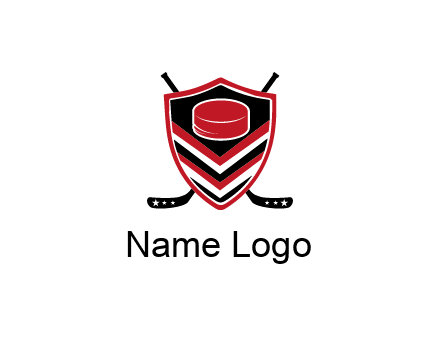 hockey sticks behind shield with hockey puck