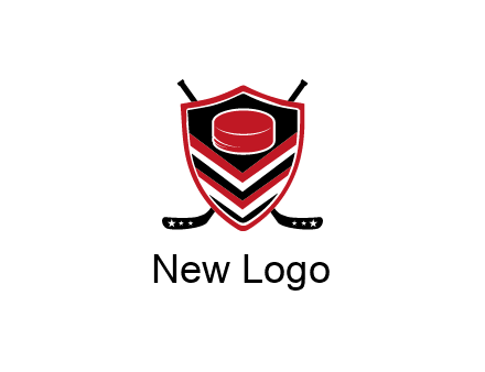 hockey sticks behind shield with hockey puck