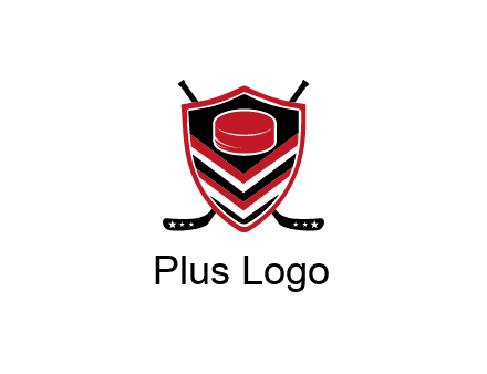 hockey sticks behind shield with hockey puck