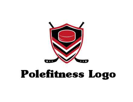 hockey sticks behind shield with hockey puck