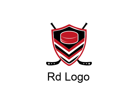 hockey sticks behind shield with hockey puck