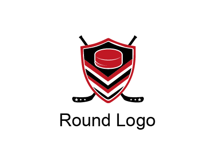 hockey sticks behind shield with hockey puck