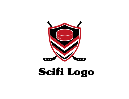 hockey sticks behind shield with hockey puck