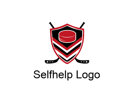 hockey sticks behind shield with hockey puck