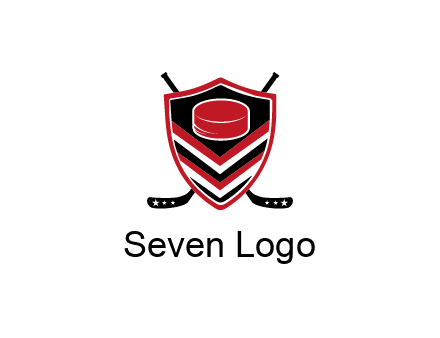 hockey sticks behind shield with hockey puck