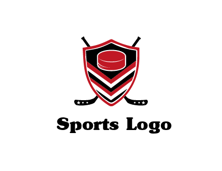 hockey sticks behind shield with hockey puck