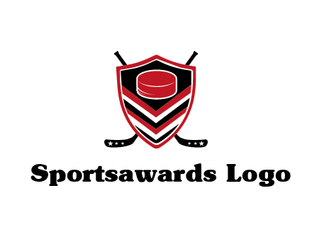 hockey sticks behind shield with hockey puck