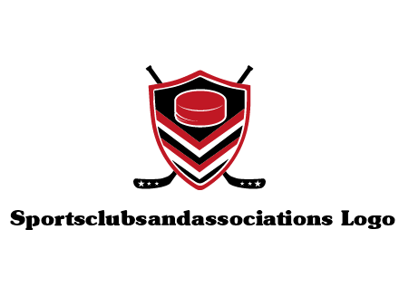 hockey sticks behind shield with hockey puck