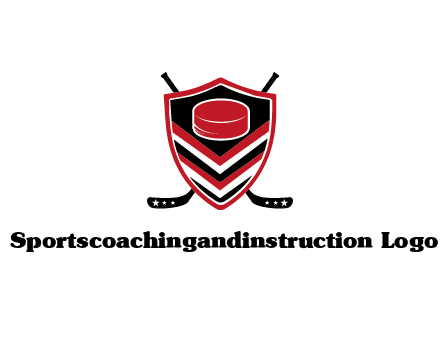 hockey sticks behind shield with hockey puck