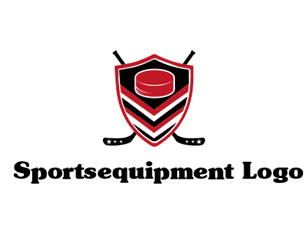 hockey sticks behind shield with hockey puck
