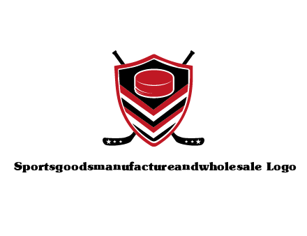 hockey sticks behind shield with hockey puck