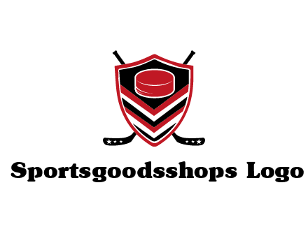 hockey sticks behind shield with hockey puck