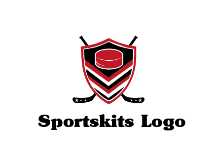 hockey sticks behind shield with hockey puck