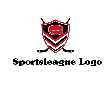 hockey sticks behind shield with hockey puck