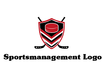 hockey sticks behind shield with hockey puck