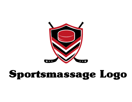 hockey sticks behind shield with hockey puck