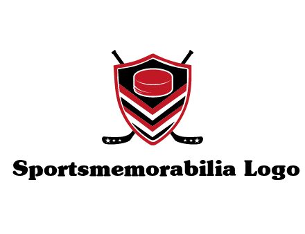 hockey sticks behind shield with hockey puck