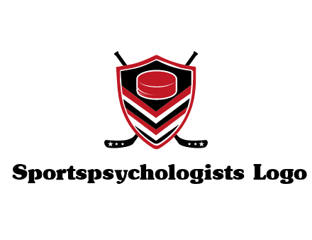 hockey sticks behind shield with hockey puck