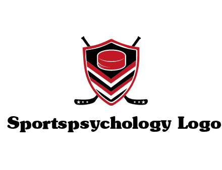 hockey sticks behind shield with hockey puck