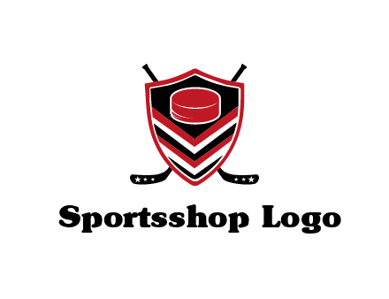 hockey sticks behind shield with hockey puck