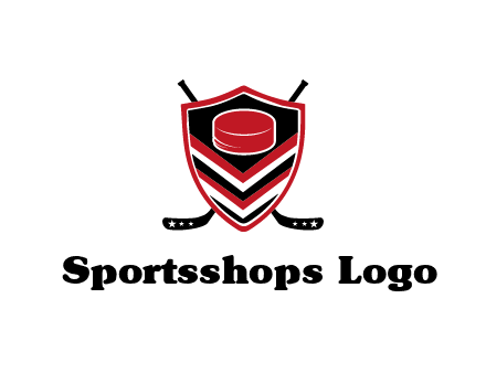 hockey sticks behind shield with hockey puck