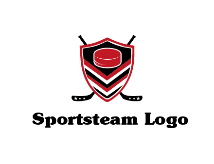 hockey sticks behind shield with hockey puck