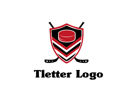 hockey sticks behind shield with hockey puck