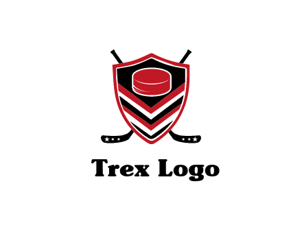 hockey sticks behind shield with hockey puck