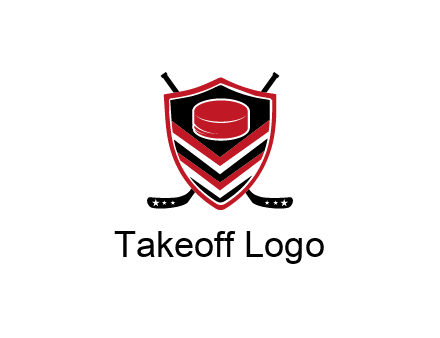 hockey sticks behind shield with hockey puck