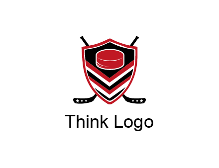 hockey sticks behind shield with hockey puck