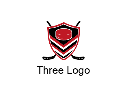 hockey sticks behind shield with hockey puck