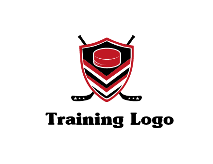 hockey sticks behind shield with hockey puck