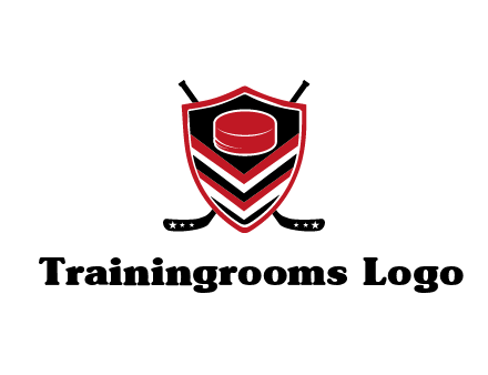 hockey sticks behind shield with hockey puck