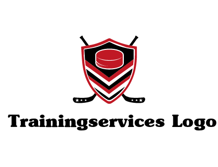 hockey sticks behind shield with hockey puck