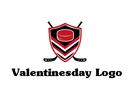 hockey sticks behind shield with hockey puck