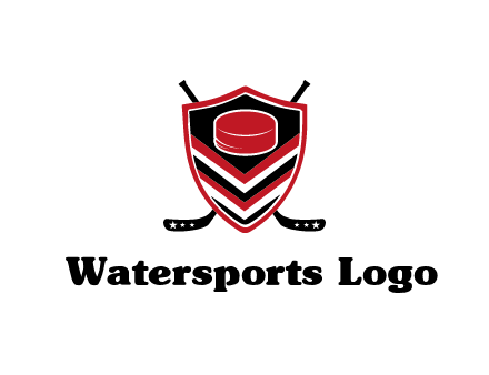 hockey sticks behind shield with hockey puck