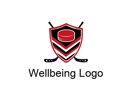 hockey sticks behind shield with hockey puck