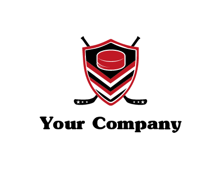 hockey sticks behind shield with hockey puck