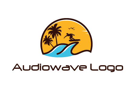 sun behind surfer surfing on waves and palm trees