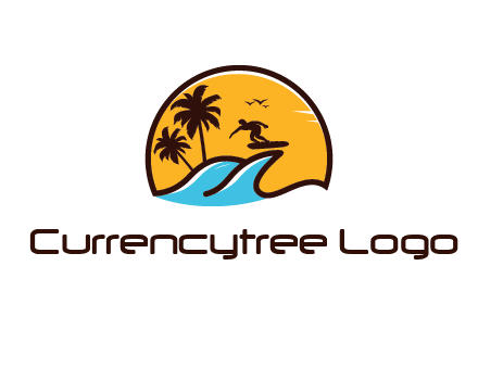 sun behind surfer surfing on waves and palm trees