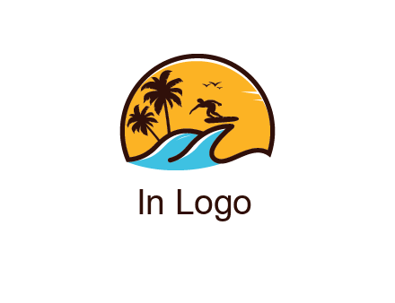 sun behind surfer surfing on waves and palm trees