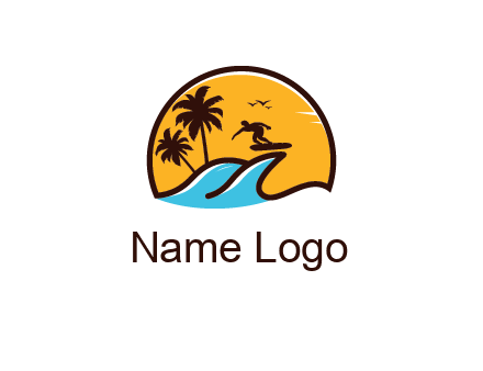 sun behind surfer surfing on waves and palm trees