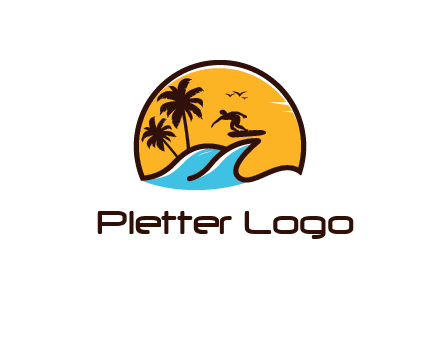 sun behind surfer surfing on waves and palm trees