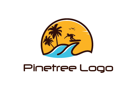 sun behind surfer surfing on waves and palm trees
