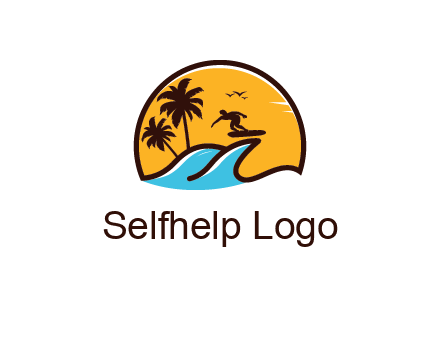 sun behind surfer surfing on waves and palm trees