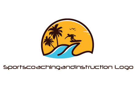 sun behind surfer surfing on waves and palm trees