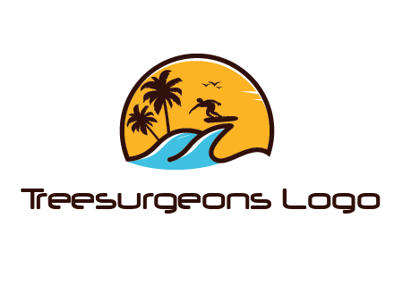 sun behind surfer surfing on waves and palm trees